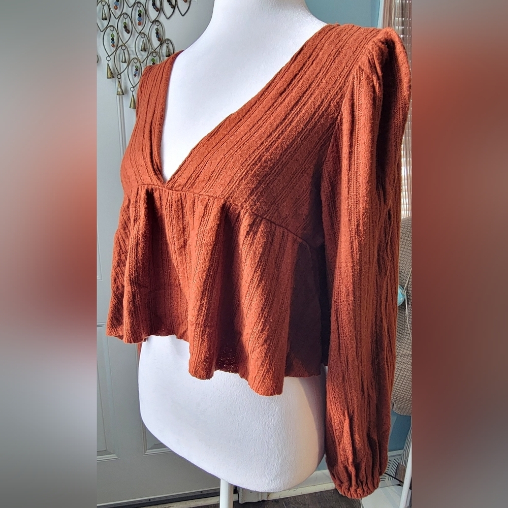 Urban Outfitters Prairie Ribbed Babydoll Top Womens S Teracotta Cropped Boho